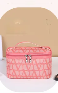 Detail of pink makeup bag with geometric pattern, double zippers, and sturdy handle