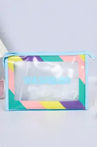 Detail of light blue waterproof wash bag with macaron stripes and clear TPU window