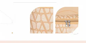 Detailed macro of beige jacquard travel makeup bag with dual metal zippers and handle