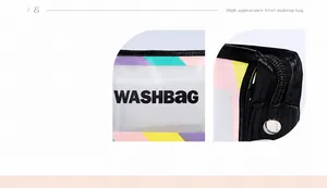 Detail of waterproof frosted PVC washbag showing zipper quality and colorful stripe texture