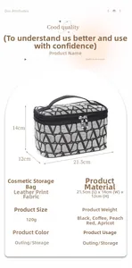 Detailed size specifications of the large capacity makeup bag with geometric print