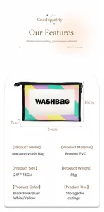 Macro detail of large capacity frosted PVC washbag showing size specs and colors
