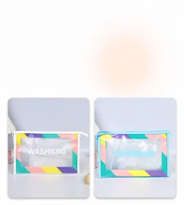 Detail view of waterproof PVC wash bags with rainbow trim and WASHBaG logo text