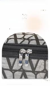 Macro shot of smooth dual metal zippers on a geometric pattern makeup bag with canvas texture