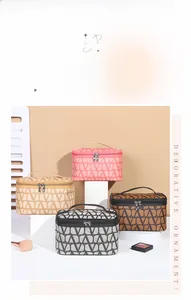 Set of four large PU leather makeup bags with V-shaped patterns and metal dual zippers