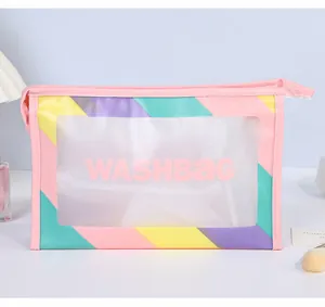 Detail of pink stripes and frosted PVC waterproof WASHBaG window on toiletry bag