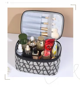 Macro view of makeup bag interior with brush organizers and spacious compartments
