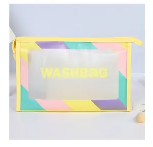 Detailed view of large capacity waterproof PVC makeup washbag with colorful stripes