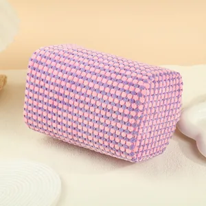 Pink and purple checkered makeup bag with soft popcorn texture and stylish pillow shape