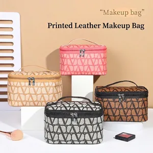 Portable PU Leather Large Capacity Cosmetic Bag Geometric V Pattern Travel Makeup Organizer Case For Women Dual Zipper