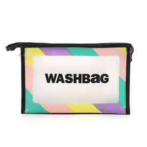 Waterproof frosted PVC toiletry bag with vibrant rainbow trim and WASHBAG text