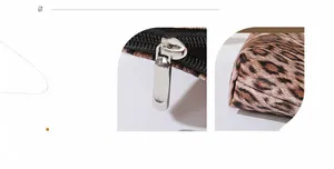 Detail of leopard print makeup bag featuring high-density fabric and a silver metal zipper