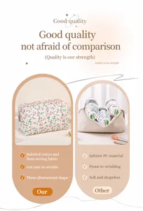 Detail of floral quilted cotton makeup bag showing soft anti-wrinkle texture and zipper