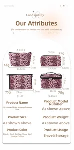 Detailed view of four assorted leopard print PU leather makeup bags with sizes and weights