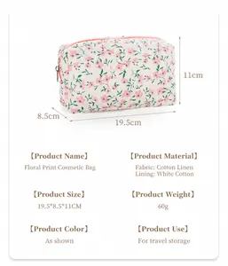 Detailed dimensions of floral cotton quilted makeup bag with 19.5cm length and zipper