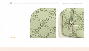Macro detail of mint green floral PU leather makeup bag with silver metal zipper closure