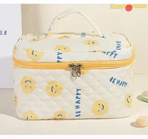 Dettaglio del beauty case in cotone trapuntato con smile giallo e scritta BE HAPPY blu