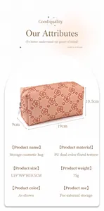 Detailed view of pink floral PU leather makeup bag showing 19x9x10.5cm dimensions