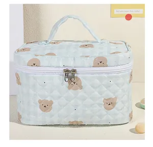Dettaglio di una borsa cosmetica trapuntata blu con orsetti e doppia cerniera in argento