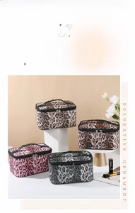 Detailed view of leopard print makeup bags in brown pink and grey with gold zippers