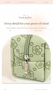 Detail of silver metal zipper and green flower pattern on PU leather toiletry bag