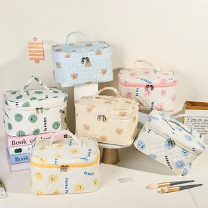 Borsa da Trucco Trapuntata Grande Capacità Portatile da Viaggio Organizzatore di Toilette in Cotone con Doppia Cerniera Donna