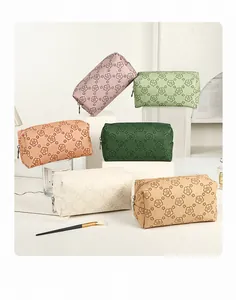 Detailed view of rectangular PU floral makeup bags in six diverse pastel colors