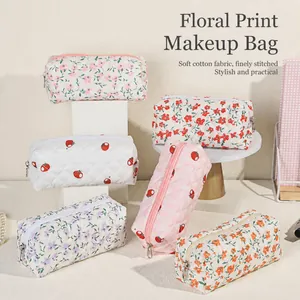 Quilted Pongee Cotton Makeup Bag Floral Persimmon Print Portable Travel Toiletry Organizer Sweet Stationery Pencil Case Women Storage Pouch