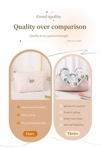 Detail of pink quilted makeup bag with bear patch featuring high-quality zipper closure