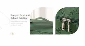 Detailed close-up of dark green floral PU leather makeup bag with gold zippers