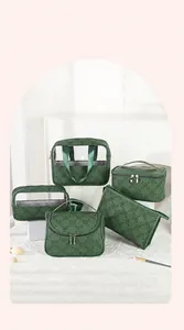 Detailed set of green floral makeup bags with transparent windows and metal zippers