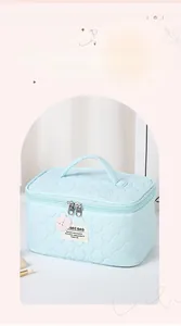 Detail of light blue quilted makeup bag with pink bear and dual metal zippers