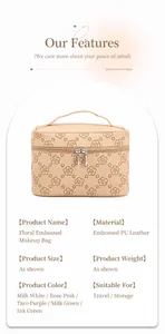 Macro detail of embossed cherry blossom texture on khaki PU leather makeup bag