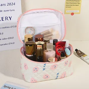 Beauty case trapuntato a cartone animato con stampa smiley e grande capacità