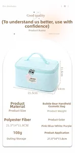 Blue quilted bubble bear cosmetic bag details with double zippers and dimensions 21.5x14x11.8cm