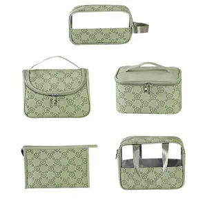 Detailed size and weight chart for the 5-piece floral waterproof toiletry bag set