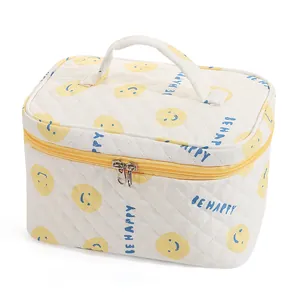 Borsa trucco trapuntata con stampa sorridente e manico per organizzazione da viaggio