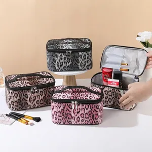 Large leopard print cosmetic bags in grey, brown and pink with sturdy handles