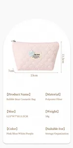 Detailed size parameters of the pink quilted bubble bear cosmetic bag with 23cm length