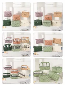 Close-up of embossed PU leather toiletry bags with floral patterns and PVC windows