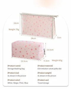 Détails des trousses de maquillage roses à pois en modèles rectangulaires et demi-lune en EVA