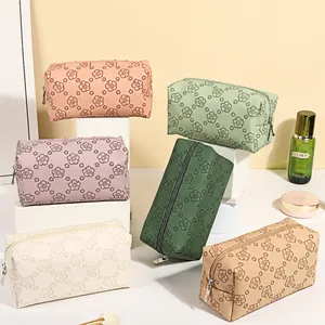 Vintage PU Leather Makeup Bag Embossed Floral Pattern Travel Toiletry Organizer Large Capacity Rectangular Wash Bag Women