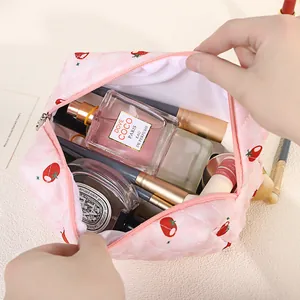 Pink floral strawberry cosmetic bag with large capacity for travel toiletries and makeup