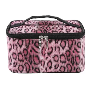 Portable pink leopard print makeup bag with large capacity and double zippers