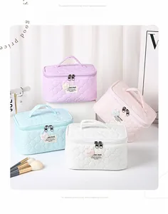 Detailed heart quilted makeup bags with bear decor in purple pink blue and white