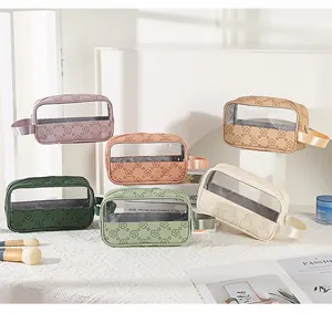 Detail of floral embossed PU makeup bags with transparent windows in multiple colors