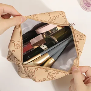 Floral embossed PU leather cosmetic bag with large capacity for travel toiletries