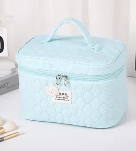 Detalle del neceser acolchado azul claro con colgante de oso rosa y asa suave
