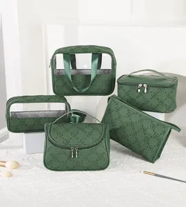 Five-piece vintage green floral makeup bag set with waterproof fabric and clear PVC