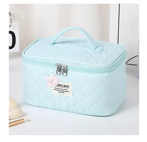 Detail of light blue quilted bear makeup bag featuring sturdy handle and silver zippers